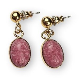 Rhodonite Scarab Post Earrings Carved Pink Gold Plated Gemstone Dangle 1 1/8"